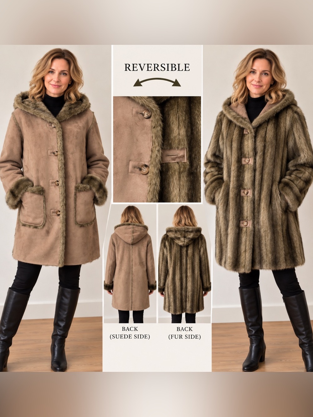 Dennis Basso Reversible Faux Fur Suede Hooded Coat Women M
